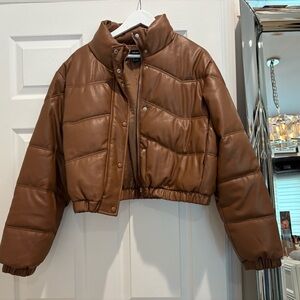 Faux Leather Puffer Jacket – Brown, Cropped, Size Large